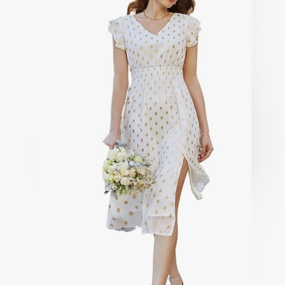 Grace Karin Dresses & Skirts - White & Gold Foil Dotted Midi Dress XL